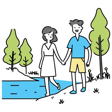 A couple walking along a clear riverbank. The man is wearing a blue shirt and light brown shorts, while the woman is in a white sundress. They are holding hands and smiling at each other. The river is gently flowing, with clear water reflecting the sunlight. Surrounding them are tall trees with dense green leaves and various shrubs, creating a vibrant environment. The ground is covered with soft grass, and a few wildflowers can be seen blooming nearby.