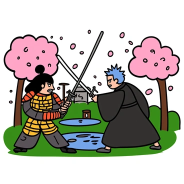 Two anime samurais with distinct features are facing off in a traditional Japanese garden. One samurai has long black hair tied in a topknot, wearing ornate armor with red and gold accents, and holding a katana with a fierce expression. The other samurai has short spiky hair colored blue, dressed in a flowing dark robe, and wielding a katana with a determined look. Cherry blossom trees surround them, their petals gently falling to the ground, while a small stone lantern and a koi pond are visible in the background. The atmosphere is tense as both warriors prepare to engage in battle.
