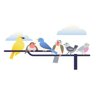 A row of small birds with various feather colors is perched closely on a thin black telephone wire. Each bird is facing to the right, their heads tilted slightly as they observe something in the distance. The birds have distinct features, such as a bright yellow canary, a small blue jay, a brown sparrow, and a gray finch. The backdrop features soft, light clouds in a pale blue sky, enhancing the serene setting. The scene captures the birds' delicate silhouettes against the sky, creating a harmonious composition.
