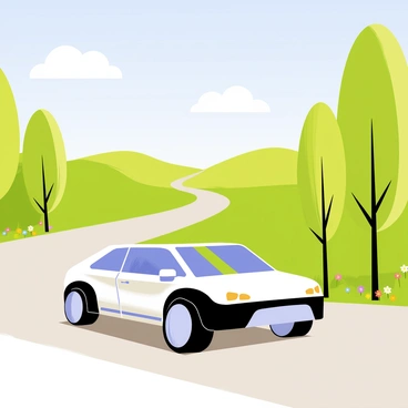 A sleek solar-powered car with a shiny metallic surface is driving along a winding road. The car has solar panels integrated into its roof. Lush green trees line the sides of the road, and a clear blue sky stretches above. Rolling hills can be seen in the distance, dotted with colorful wildflowers. A few fluffy white clouds float lazily in the sky, adding to the picturesque scenery. The sunlight reflects off the car's surface, emphasizing its modern design.