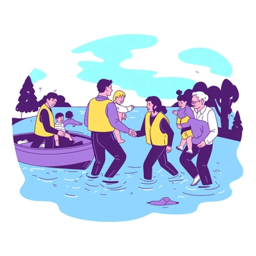 A group of rescue workers wearing bright yellow life vests is assisting several individuals during a flood rescue operation. The scene shows the workers carefully guiding people through knee-deep water, which reflects the cloudy sky above. One worker is carrying a young child in their arms, while another is helping an elderly person walk towards a small boat. Floating debris can be seen in the water, and the silhouettes of trees are barely visible in the background. The expressions on the faces of the rescue workers convey determination and compassion as they focus on the people in need.