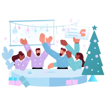 A group of employees is gathered in a festively decorated office, celebrating with a holiday bonus check. The employees are wearing colorful sweaters adorned with holiday motifs. Some are holding the bonus check with excitement while others are clapping and smiling in joy. The office is decorated with twinkling string lights and colorful ornaments hanging from the ceiling. A large Christmas tree stands in one corner, adorned with bright decorations and a shining star on top. Nearby, there are wrapped gifts stacked neatly, adding to the celebratory atmosphere.