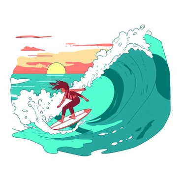 A teal surfer is skillfully riding a large, crashing wave. The wave is vividly detailed, showcasing white foam cresting at the top. The sun is setting in the background, casting a warm glow. The sky is painted with a gradient of colors as the sun dips below the horizon. The surfer is wearing a bright red wetsuit, and their hair is flying in the wind as they maneuver on the board. The ocean is turbulent, with splashes of water surrounding the surfer.