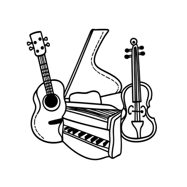 A collection of musical instruments including an acoustic guitar with a rounded body, a grand piano with an open lid showcasing its keys, and a classic violin with a curved shape. The instruments are intricately drawn in black line art, showcasing detailed features such as the guitar's strings and body grain, the piano's keys and hammers, and the violin's f-holes and scroll. They are arranged closely together, creating a harmonious composition that highlights each instrument's unique design.