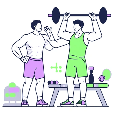 A trainer is standing close to a client who is lifting weights. The trainer, wearing a fitted sports shirt and shorts, is focused and encouraging, with one hand gently placed on the client’s back for support. The client, with a determined expression, is raising a barbell above their head, muscles visibly strained from the effort. The gym is filled with various exercise equipment, including dumbbells and benches in the background. Bright overhead lights illuminate the scene, highlighting the teamwork and commitment in the air.