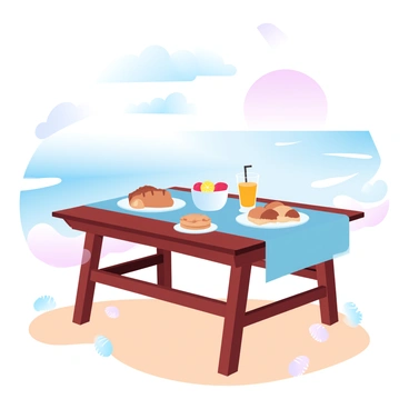 A small wooden table is set on the sand of a beach, featuring a light blue tablecloth draped over it. On the table, there are two plates with an assortment of pastries, a bowl of fresh fruit, and two glasses of orange juice. In the background, gentle waves lap against the shore, and the sky is filled with soft gradient pastel colors as the sun rises on the horizon. A few seashells are scattered around the base of the table, and a light breeze stirs the tablecloth slightly.