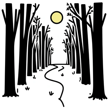 A narrow path winding through dense woods, with tall trees flanking both sides. The moonlight casts a silvery glow on the ground, illuminating the path and creating soft shadows among the trees. Small patches of grass and wildflowers are visible along the edges. The leaves of the trees gently rustle in the night breeze, and the moon is partially obscured by some branches above.