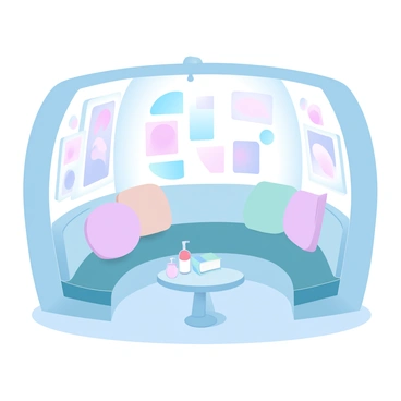 A cozy nook in a gallery features comfortable seating arranged in a semicircle. Soft cushions are placed on the seats, inviting visitors to sit and relax. Surrounding the nook are vibrant illustrations displayed on the walls, showcasing a variety of colors and themes. A warm glow from nearby lighting creates an inviting atmosphere, complementing the artistic ambiance. Small side tables are positioned near the seating, holding books and refreshments for visitors to enjoy while contemplating the art.
