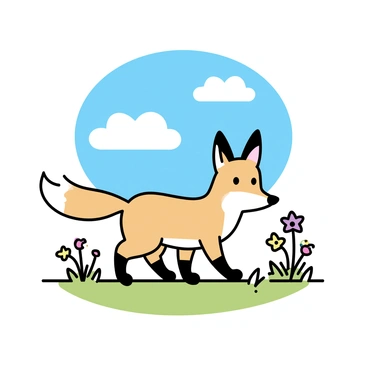 A curious fox with a vibrant orange coat and white-tipped tail is walking through a sunny meadow. The grassy ground is dotted with colorful wildflowers in shades of yellow, purple, and red. The clear blue sky above is unobstructed by clouds, allowing sunlight to illuminate the scene. The fox's ears are perked up, indicating its curiosity as it investigates its surroundings. The wildflowers sway gently in the breeze, adding a lively touch to the serene landscape.