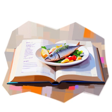 A vintage recipe book is open on a wooden table, displaying a page that features an illustration of a cod fish dish. The cod is presented beautifully, garnished with herbs and lemon slices, and accompanied by a side of colorful vegetables. The edges of the page are slightly worn, showing signs of age, and there are handwritten notes in the margins. The overall color palette is warm and inviting, with soft lighting illuminating the contents of the book.