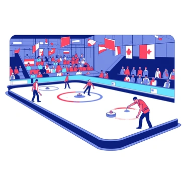 A large curling rink is set up for an international championship event. Multiple curling stones are placed on the ice, with players in colorful uniforms strategically positioned around them. Above the rink, various flags from different countries are hanging, creating a vibrant atmosphere. The flags are in shades of red and blue, fluttering slightly in the indoor air. Spectators are seated in the stands, watching intently as the game unfolds. The lighting is bright, illuminating the icy surface where the competition is taking place.