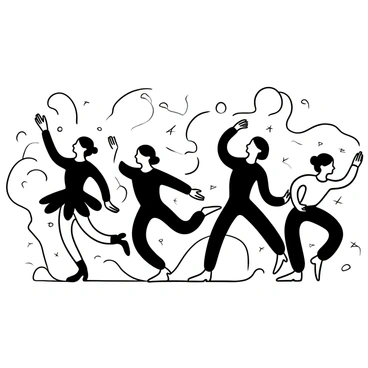 An engraving depicting multiple dancers in dynamic poses, displaying the elegance of their forms. Each dancer wears intricate costumes that flow gracefully with their movements. The dancers are arranged in a way that showcases their athleticism and artistry, with arms extended and legs in mid-step. The background features abstract shapes that enhance the sense of motion and rhythm.