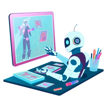 An AI character animating characters on a computer screen, surrounded by art supplies.
