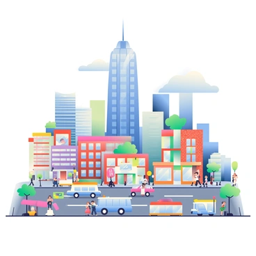 A bustling cityscape features numerous skyscrapers and buildings layered in front of each other. The tallest skyscraper, a modern glass structure, reflects the sunlight and has a sleek design. Surrounding it are various buildings of different heights, some with colorful facades and others with brick exteriors. The streets below are filled with cars, buses, and small shops, creating a vibrant atmosphere. People are walking along the sidewalks, some carrying shopping bags and others chatting. The sky is partly cloudy, adding depth to the scene with contrasting shades.