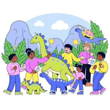 A group of children is actively observing and playing with small, gentle dinosaurs in a lush prehistoric park. The dinosaurs include a baby Triceratops with a colorful patterned skin and a playful Brachiosaurus with a long neck reaching towards the trees. The children are wearing bright clothes, smiling and laughing as they interact with the dinosaurs. The park is filled with tall green ferns, colorful flowers, and large rock formations in the background, creating a vibrant atmosphere. Some children are drawing pictures of the dinosaurs on sketchpads, while others are gently petting the dinosaurs. The sunlight filters through the trees, creating dappled shadows on the ground.