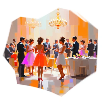 An elegant 1960s evening party scene features several women wearing intricate beaded cocktail dresses in a variety of colors, sparkling under the warm, ambient lighting. Each dress is adorned with unique beadwork, reflecting the era's fashion trends. The women are engaged in lively conversation, their hairstyles styled in popular looks of the time, with some wearing classic updos and others sporting soft waves. 

Men in slim-fitting suits complement the women, showcasing a mix of dark and light colors, with ties that add a pop of contrast. The ambiance is filled with the soft glow of chandeliers above, casting gentle light on the polished floor where guests mingle. Tables adorned with elegant tableware and small floral arrangements are arranged throughout the space, enhancing the festive atmosphere of the party. A small band can be seen in the background, with musicians playing classic tunes, adding to the lively vibe of the gathering.