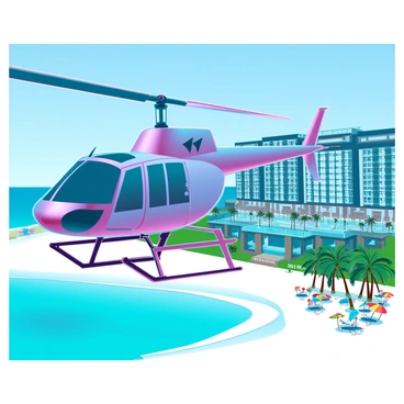 A sleek, luxurious helicopter with shiny metallic surfaces is descending toward a pristine beachfront resort. The helicopter has large, tinted windows and elegant design features that reflect the sunlight. Below, the resort boasts stunning white sand beaches and crystal-clear turquoise waters. Palm trees line the beachfront, swaying gently in the breeze. The resort itself is an opulent structure with large balconies and infinity pools overlooking the ocean. In the background, colorful beach umbrellas and sun loungers are set up, with a few guests enjoying the sun. The sky is clear and blue, enhancing the vibrant colors of the scene.