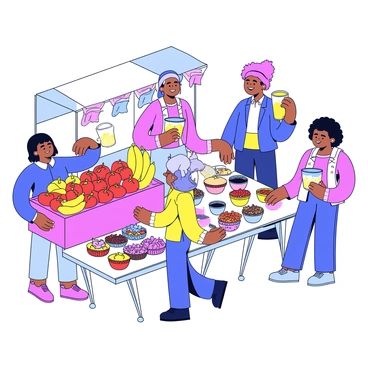 A bustling market scene filled with various stalls. One stall is overflowing with bright red apples and yellow bananas, while another showcases piles of colorful spices in small containers. Nearby, a table displays handmade crafts, such as woven baskets and painted pottery. Shoppers are interacting with stall owners, exchanging goods and smiling. The atmosphere is lively, with various items and people creating a dynamic environment.