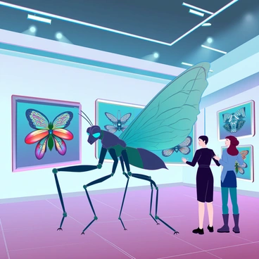 A spacious art gallery with polished wooden floors and high ceilings, featuring walls adorned with a variety of colorful paintings depicting detailed insects such as butterflies, beetles, and dragonflies. The paintings are framed in sleek metallic frames and illuminated by bright spotlights. In the center of the gallery, a giant bug, resembling a colossal mantis with iridescent green wings and intricate patterns on its body, stands curiously near the artwork. The bug appears to be inspecting one of the paintings closely, its large, multifaceted eyes reflecting the colors of the artwork. Visitors in the gallery, looking surprised and excited, observe the giant bug from a distance, creating a dynamic scene of interaction between the art and the unexpected visitor.