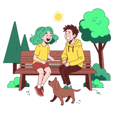 Two friends are sitting on a wooden bench in a park. One friend is a teal-haired girl wearing a yellow t-shirt, with a bright smile on her face as she animatedly shares a story. The other friend, a boy with short brown hair, is wearing a yellow hoodie and is laughing heartily, leaning slightly forward. Surrounding them are lush green trees, and the sun casts a warm light on their cheerful expressions. A small dog is sitting at their feet, looking up at them curiously.