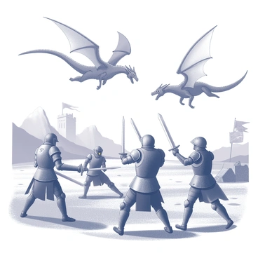 A sweeping landscape features a dramatic battle scene. In the foreground, a group of armored knights, each holding swords and shields, positions themselves in a defensive stance. Their armor is detailed with intricate patterns and emblems. In the sky above, a pair of large dragons, with outstretched wings, are engaged in combat, their fierce expressions evident as they breathe fire towards each other. The ground is littered with the aftermath of battle, including fallen weapons and banners. In the distance, a castle can be seen, surrounded by mountains, adding to the grandeur of the scene. The atmosphere is charged with tension as the knights prepare for the next move against the dragons.