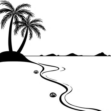 A tropical beach scene featuring "swaying palm trees" lining the shore. The "sand is smooth and inviting," with "crystal-clear water" gently lapping at the edge. Small "waves create ripples" as they touch the sand. A few scattered "seashells" are visible on the beach, adding detail to the scene. In the distance, "distant islands" can be faintly seen on the horizon.