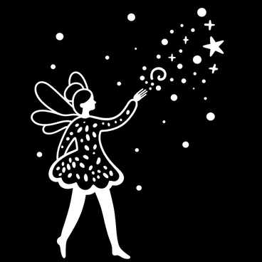 A fairy with delicate wings is gracefully extending her hand towards "twinkling stars" scattered across a "night sky". She is surrounded by an array of small, glowing orbs and wisps of light that resemble stars. The fairy's body is adorned with intricate patterns that reflect the shimmering lights around her. The background features a deep expanse of "black" with varying sizes of "white" stars illuminating the scene. The composition creates a sense of enchantment and wonder as the fairy interacts with the celestial elements above.