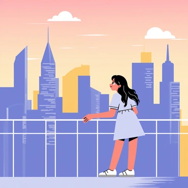 A young girl with long brown hair is standing on a rooftop, gazing intently at the city skyline. She is wearing a light blue dress and white sneakers. The skyline is filled with tall buildings, some with glass windows reflecting the setting sun. The sky above is painted in shades of orange and pink as the sun sets. The girl has a thoughtful expression on her face, with her hands resting on the railing, capturing the essence of wonder and curiosity.