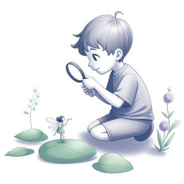 A curious child is kneeling on the ground, peering through a magnifying glass. The child has short, tousled hair and is wearing a simple shirt. The magnifying glass is held with both hands, enlarging the view. In front of the child, on a large green leaf, there is a tiny fairy. The fairy has delicate wings and is looking back at the child with a curious expression. The surrounding environment includes more green leaves and some blurred flowers in the background, providing context to the scene. The overall composition captures the wonder of exploration.