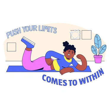 A person lying on a yoga mat, performing bicycle crunches. The individual is wearing a fitted athletic outfit in vibrant colors. Their expression shows determination as they engage their core. In the background, there are soft, neutral-toned walls, and a small potted plant adds a touch of greenery. Surrounding the figure are motivational quotes in bold, dynamic fonts that say "Push Your Limits" and "Strength Comes From Within." The overall composition emphasizes fitness and motivation.