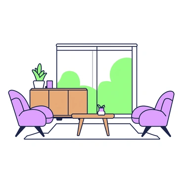 A living room is furnished with sleek teak furniture characterized by clean lines. There is a low-profile teak coffee table in the center, surrounded by a pair of minimalist armchairs. A large, elegant teak sideboard is positioned against one wall, displaying a few decorative items. The floor is covered with a light-colored rug that adds warmth to the space. A large window allows natural light to flood in, illuminating the simple yet sophisticated decor. A small potted plant is placed on the sideboard, adding a touch of greenery to the room.