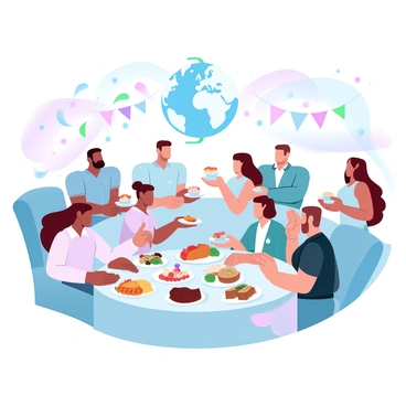 A group of employees is gathered in an office space decorated with colorful streamers and banners that represent various cultures. There are tables filled with an array of traditional foods beautifully presented on platters. Some employees are holding plates with dishes, while others are chatting and laughing. In the background, a large decorative globe is displayed, symbolizing diversity. The overall atmosphere is vibrant and festive, reflecting a celebration of cultural unity.