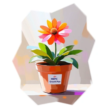 A vibrant flower in full bloom is growing from a brown pot labeled "HDFC Growth Plan." The flower has bright petals in shades of red and orange, contrasting with the rich green of the leaves surrounding it. The pot is textured with a clay finish and has a slight sheen, indicating it is well-cared for. Sunlight is gently illuminating the flower, highlighting its beauty and the details of the petals. The background is softly blurred, drawing focus to the flower and pot arrangement.