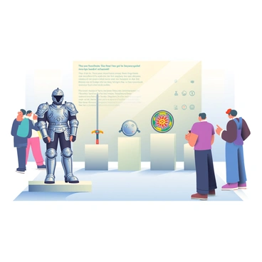 A museum exhibit features ancient soldier armor and weapons prominently displayed on sleek pedestals. In the foreground, there is a suit of ornate metal armor, intricately designed with floral patterns and engravings, casting delicate shadows on the floor. Next to it, a variety of weapons including a gleaming sword with a jeweled hilt, a round shield with vivid colors, and a spear with decorative markings are arranged artistically. The background consists of a large, soft-lit banner that provides context about the history of the artifacts, while subtle display lighting highlights the impressive craftsmanship of each piece. Visitors can be seen admiring the exhibit, pointing and discussing the significance of the displayed items.