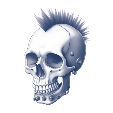 A human skull is prominently displayed, featuring a spiky mohawk hairstyle. The mohawk is exaggerated and stands tall against the skull's surface. The skull is adorned with various punk rock accessories, including multiple earrings on both sides of its jaw and a studded leather necklace encircling the base. The eye sockets are deep and shadowed, contributing to the intense expression, and the overall texture of the skull is rough and weathered, reflecting a rebellious spirit.