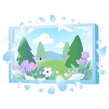 A large glass wall is shattering into jagged pieces, with shards scattering in various directions. Bright light is streaming through the broken glass, illuminating the scene. Beyond the wall, a vibrant new world is visible, filled with lush greenery and colorful flowers. Towering trees with rich foliage stand tall in the background, and a clear blue sky is dotted with fluffy white clouds. The contrast between the shattered glass and the serene landscape beyond creates a striking visual effect.