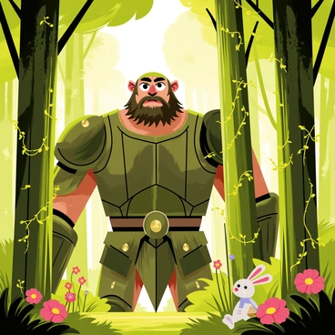 A massive Goliath with intricate armor is peering through tall, green trees in a dense, mystical forest. Sunlight filters through the leaves, casting dappled shadows on the forest floor. The Goliath has a curious expression, with large, expressive eyes and a furrowed brow. Vines and blooming flowers are wrapped around the tree trunks, enhancing the enchanting atmosphere of the forest. A variety of small creatures, like rabbits and birds, are visible in the underbrush, adding life to the scene.