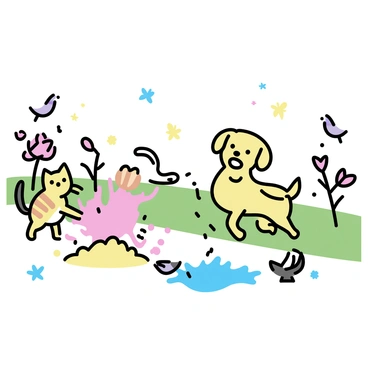A playful scene in a garden filled with green grass and colorful flowers. Several pets, including a golden retriever and a tabby cat, are joyfully interacting with vibrant, safe Holi powders spread across the ground. The golden retriever is playfully jumping around, covered in a mix of pink and blue powders. The tabby cat, with its orange stripes, is curiously pawing at a pile of yellow powder. A few small birds are perched on nearby branches, observing the lively activity. The atmosphere radiates a sense of fun and liveliness.