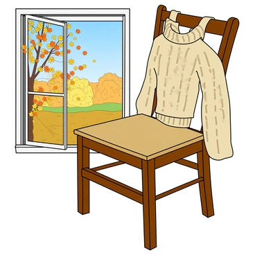 A thick vintage knit sweater in shades of cream and light brown is draped over the back of a wooden chair. The chair has a rustic finish, showing signs of age. Next to the chair, an open window reveals a bright autumn day, allowing the sunlight to stream in and illuminate the room. Outside the window, trees with vibrant orange and yellow leaves sway gently in the breeze, and a few leaves float down gracefully towards the ground. The scene captures the essence of a cozy, inviting space filled with the warmth of the changing season.