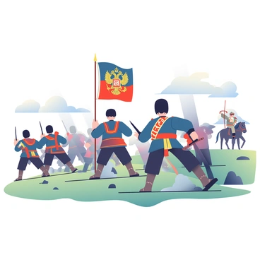 A historic Russian battle scene unfolds in the foreground, featuring soldiers in traditional military uniforms from the 19th century. The soldiers are wearing dark blue tunics adorned with red and gold insignia, along with tall black fur hats known as papakhas. In the midst of the action, a soldier is raising a long, ornate flag with intricate designs and a golden emblem. Cannon smoke billows in the background, creating an atmosphere of intensity. On the left, a group of soldiers is advancing with rifles raised, while on the right, a mounted officer is directing the troops with a commanding presence. The landscape is hilly with patches of grass and scattered rocks, accentuating the rugged terrain of the battlefield.