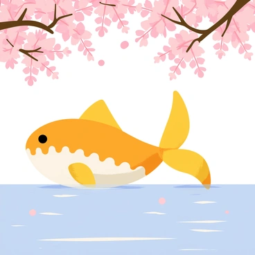 A Magikarp swimming gracefully in water, its scales shimmering in shades of orange and gold. The water is surrounded by a lush canopy of blooming cherry blossoms with soft pink flowers hanging above. Delicate petals gently fall into the water, creating ripples around the fish. The sunlight filters through the branches, casting playful reflections on the water's surface, enhancing the serene scene.