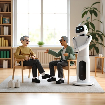 An elderly person with gray hair and glasses, wearing a cozy sweater and slacks, is sitting in a well-lit room. The person has a warm smile and an expression of contentment while interacting with a friendly-looking AI robot. The robot has a sleek, humanoid design with a smooth surface and expressive LED eyes. It stands beside the elderly person, extending a hand gently offering assistance. Surrounding them are bookshelves filled with books, a small table with a cup of tea, and a window letting in natural light.