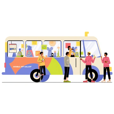 A bus transformed into a mobile art gallery is parked on a city street. The bus has large, clear windows displaying vibrant pieces of artwork, including colorful paintings and sculptures. Inside the bus, there are various art pieces hanging from the walls and placed on small pedestals. The exterior of the bus features an artistic mural, blending shades of blue, green, and orange. People are gathered outside, observing the art from the windows and engaging in conversation. A sign on the side of the bus reads "Mobile Art Gallery," inviting passersby to explore.