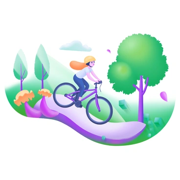 A person riding a bicycle along a winding path in a scenic park. The rider is wearing a bright yellow helmet and a casual outfit. Tall green trees line the path, their leaves creating dappled sunlight on the ground. Vibrant flowers in various colors, such as pink, purple, and orange, bloom alongside the walkway. A gentle breeze causes some petals to float through the air, enhancing the lively atmosphere. The bicycle has a sleek design, and the rider's expression is one of joy and freedom.