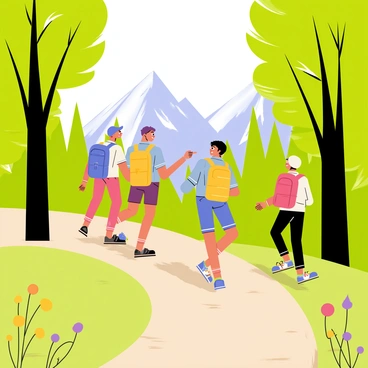 A group of hikers wearing colorful backpacks is trekking along a narrow dirt path through a lush green forest. The trees are tall and full, with vibrant green leaves creating a dense canopy overhead. In the background, towering mountains are visible, their peaks capped with white snow. Sunlight filters through the branches, casting playful shadows on the ground. The hikers are engaged in conversation, with one pointing toward the mountains. A variety of wildflowers in shades of yellow and purple line the path, adding pops of color to the scene.