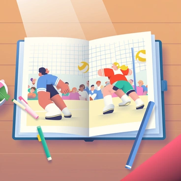 An artist's 3D sketchbook is open on a wooden table. The page features a detailed sketch of a volleyball game in progress. In the foreground, two players are depicted diving for the ball, one with dark hair wearing a blue jersey and the other with blonde hair dressed in a red jersey. The volleyball is high in the air between them. In the background, a net separates the two teams, and several spectators with varying hairstyles and clothing are watching the game. Sunlight casts a warm glow over the scene, illuminating the players and the ball in mid-air. The artist's tools, including colored pencils and a ruler, are scattered around the sketchbook.