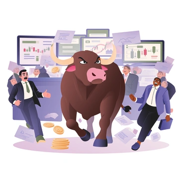 A digital flat illustration featuring a large, muscular bull charging through a bustling stock exchange. The bull has a shiny, dark brown coat with prominent muscle definition and fierce, determined eyes. Around the bull are traders in business attire, some looking shocked and others cheering, with expressions of excitement and surprise. The background is filled with large screens displaying fluctuating stock prices and graphs in green and red. There are stacks of gold coins scattered on the floor, representing market profit. Papers and briefcases are flying in the air as the bull moves confidently through the frenzy.