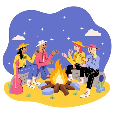 A group of three cowgirls sitting around a campfire. The cowgirls are wearing cowboy hats, denim jackets, and boots. One cowgirl is playfully gesturing with her hands as she shares a story, while the others are listening attentively. The campfire emits warm orange flames, illuminating their faces. The background features a clear night sky filled with bright stars, with a few fluffy clouds scattered across. The ground is covered with patches of grass and some scattered rocks. A guitar leans against a log nearby, suggesting a musical evening.
