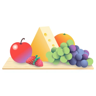 A still life arrangement features a variety of fruits and cheese displayed on a 9x12 illustration board. In the foreground, there is a cluster of vibrant, ripe grapes in shades of purple and green. Next to the grapes, a bright yellow wedge of cheese rests, textured with small holes. A shiny red apple is placed to the left, reflecting light, while a handful of fresh strawberries is scattered nearby, their green leaves contrasting nicely with the bright red fruit. A whole orange is positioned in the background, adding a warm pop of color. The board has a light wooden texture, providing a natural base for this colorful composition.