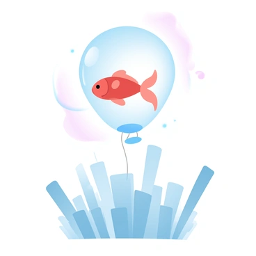 A transparent balloon is floating above a sprawling cityscape. Inside the balloon, there is a goldfish swimming gracefully. The city below features a variety of buildings, including skyscrapers and smaller structures. The sky is filled with soft pastel colors, blending seamlessly into one another. The balloon's surface reflects some of the city lights, creating a gentle glow. The scene conveys a sense of whimsical contrast between the delicate goldfish, the fragile balloon, and the bustling urban environment below.